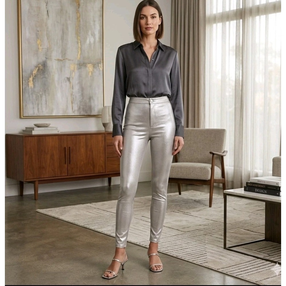 New SKIMS Metallic Disco Tight High Rise Pants Silver S Shiny Glam Skinny Pant
